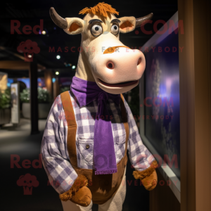 Lavender Guernsey Cow mascot costume character dressed with a Flannel Shirt and Lapel pins