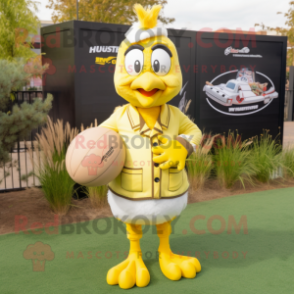 Lemon Yellow Quail mascot costume character dressed with a Rugby Shirt and Cummerbunds