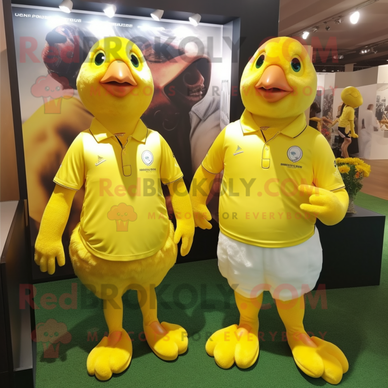 Lemon Yellow Quail mascot costume character dressed with a Rugby Shirt and Cummerbunds Lemon Yellow Quail mascot costume character dressed with a Rugby Shirt and Cummerbunds