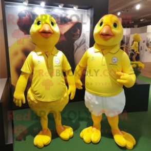 Lemon Yellow Quail mascot costume character dressed with a Rugby Shirt and Cummerbunds