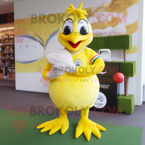 Lemon Yellow Quail mascot costume character dressed with a Rugby Shirt and Cummerbunds