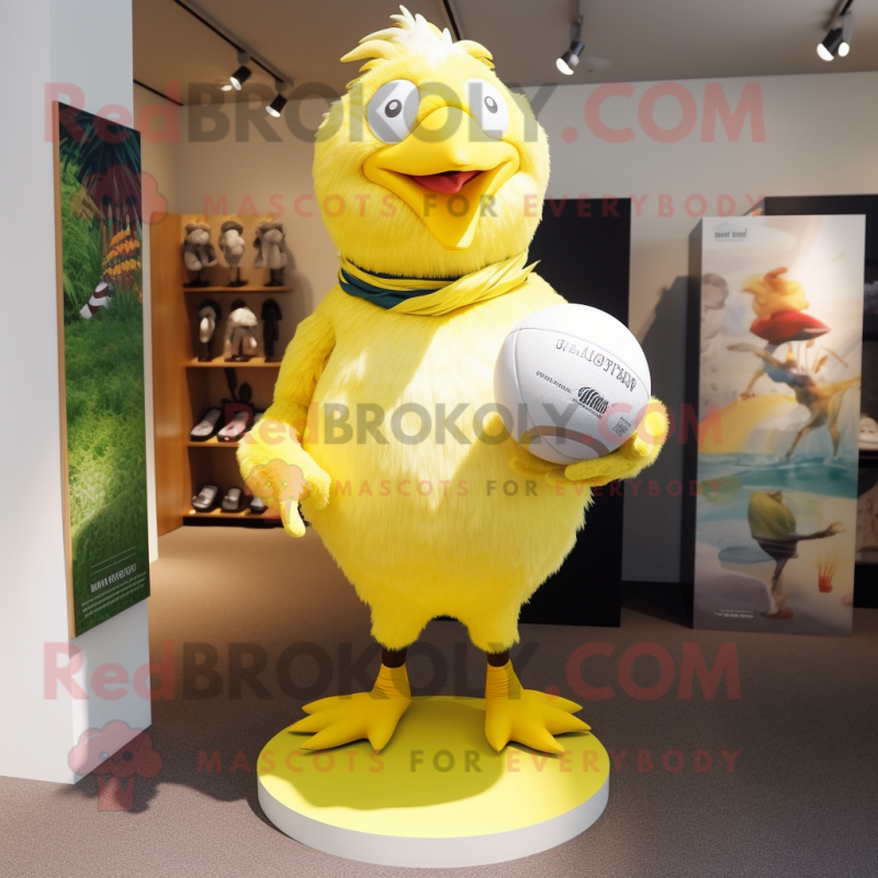 Lemon Yellow Quail mascot costume character dressed with a Rugby Shirt and Cummerbunds