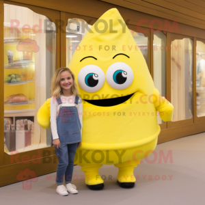 Lemon Yellow Cod mascot costume character dressed with a Mom Jeans and Shoe clips