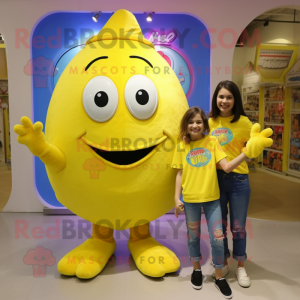 Lemon Yellow Cod mascot costume character dressed with a Mom Jeans and Shoe clips