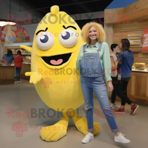 Lemon Yellow Cod mascot costume character dressed with a Mom Jeans and Shoe clips