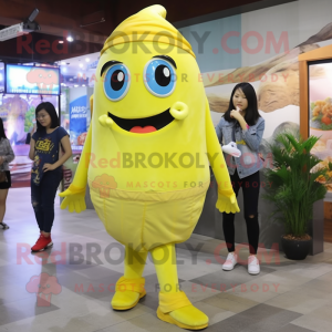 Lemon Yellow Cod mascot costume character dressed with a Mom Jeans and Shoe clips