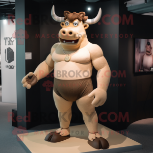 Beige Minotaur mascot costume character dressed with a Shorts and Suspenders
