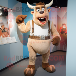 Beige Minotaur mascot costume character dressed with a Shorts and Suspenders