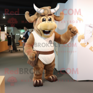 Beige Minotaur mascot costume character dressed with a Shorts and Suspenders