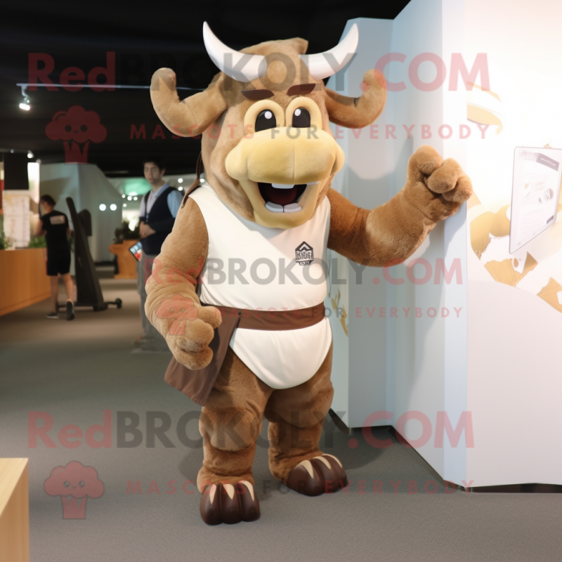 Beige Minotaur mascot costume character dressed with a Shorts and Suspenders