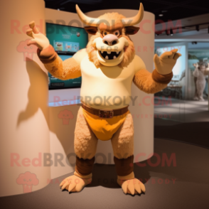 Beige Minotaur mascot costume character dressed with a Shorts and Suspenders