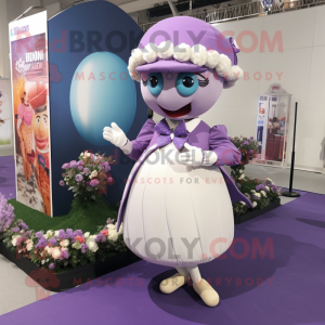 Lavender Rugby Ball mascot costume character dressed with a Empire Waist Dress and Bow ties