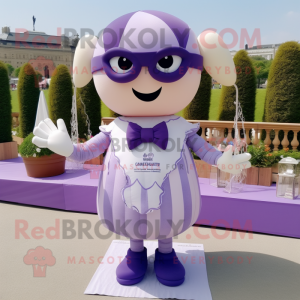 Lavender Rugby Ball mascot costume character dressed with a Empire Waist Dress and Bow ties