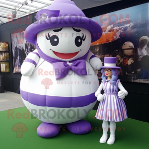 Lavender Rugby Ball mascot costume character dressed with a Empire Waist Dress and Bow ties