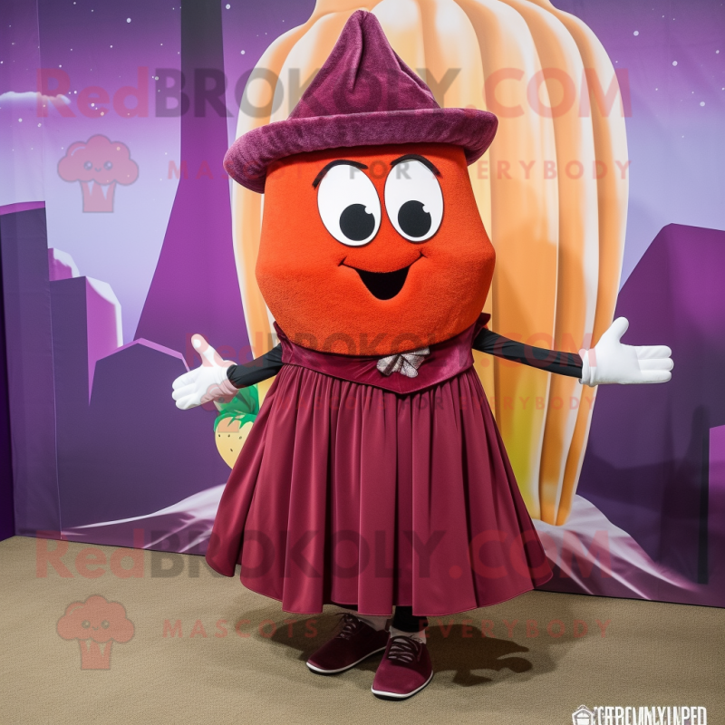 Maroon Melon mascot costume character dressed with a Pleated Skirt and Shoe clips Maroon Melon mascot costume character dressed with a Pleated Skirt and Shoe clips