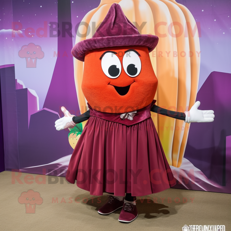 Maroon Melon mascot costume character dressed with a Pleated Skirt and Shoe clips