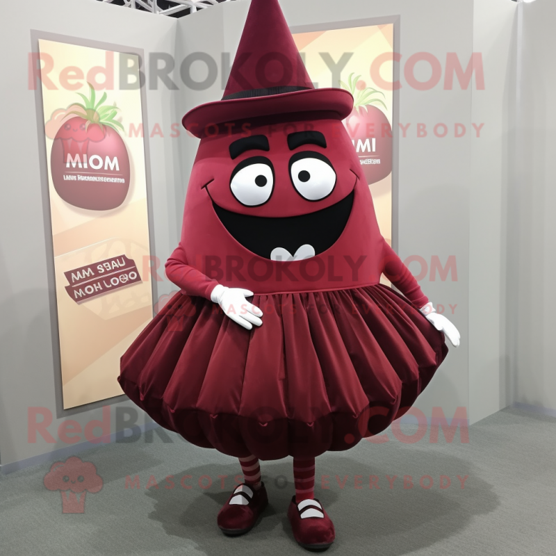 Maroon Melon mascot costume character dressed with a Pleated Skirt and Shoe clips Maroon Melon mascot costume character dressed with a Pleated Skirt and Shoe clips