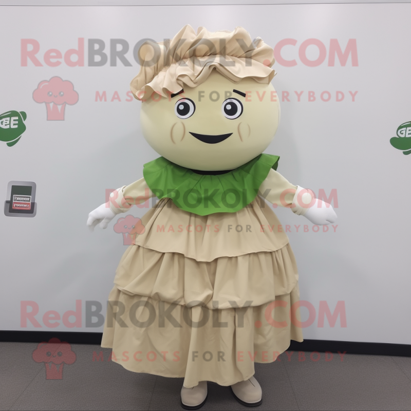 Beige Cabbage Leaf mascot costume character dressed with a Skirt and Digital watches Beige Cabbage Leaf mascot costume character dressed with a Skirt and Digital watches