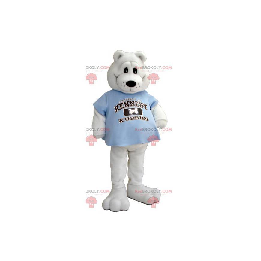 Mascotte d'ours blanc avec un t-shirt bleu - Redbrokoly.com