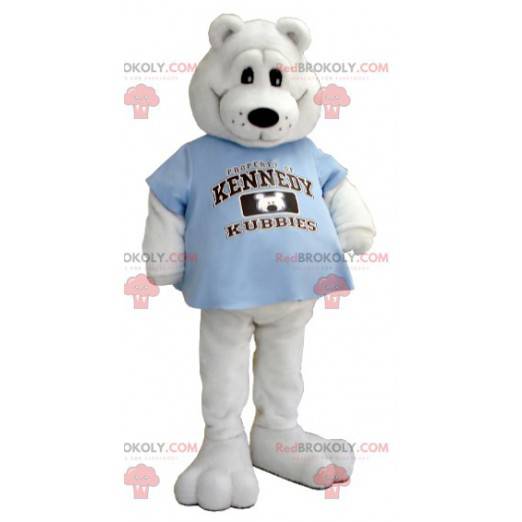 Mascotte d'ours blanc avec un t-shirt bleu - Redbrokoly.com