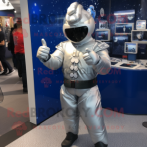 Silver Navy Soldier mascot costume character dressed with a Bodysuit and Keychains