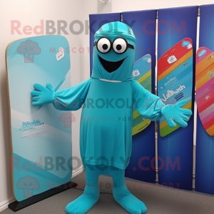 Turquoise Juggle mascot costume character dressed with a Board Shorts and Scarf clips