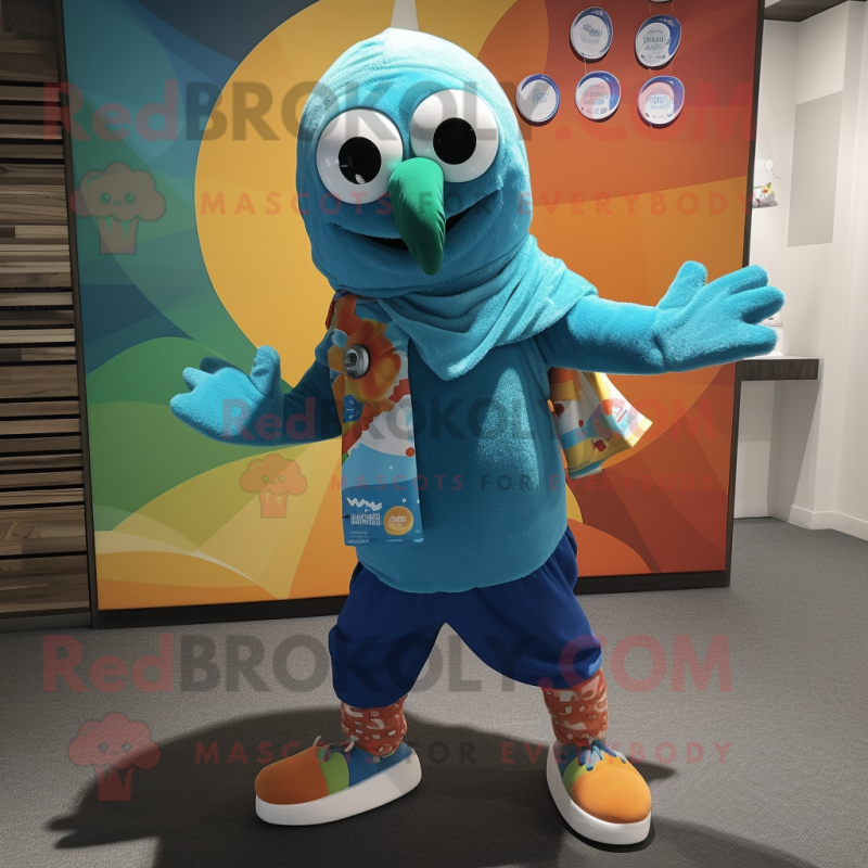 Turquoise Juggle mascot costume character dressed with a Board Shorts and Scarf clips