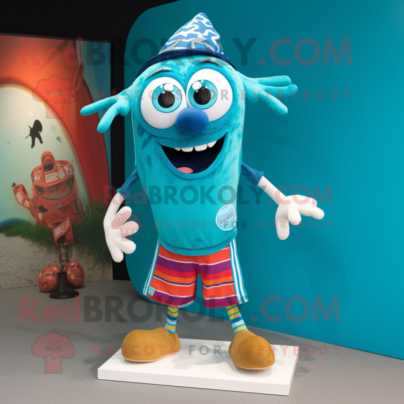 Turquoise Juggle mascot costume character dressed with a Board Shorts and Scarf clips