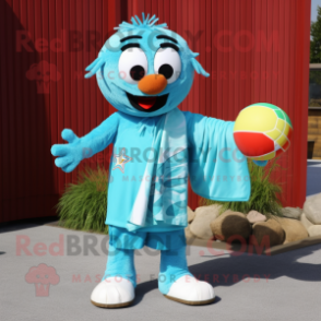 Turquoise Juggle mascot costume character dressed with a Board Shorts and Scarf clips