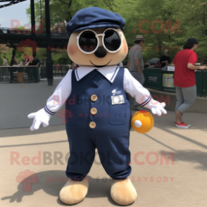Navy Petanque Ball mascot costume character dressed with a Dungarees and Pocket squares