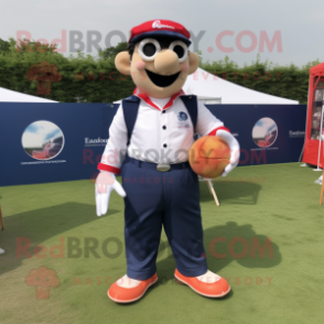 Navy Petanque Ball mascot costume character dressed with a Dungarees and Pocket squares