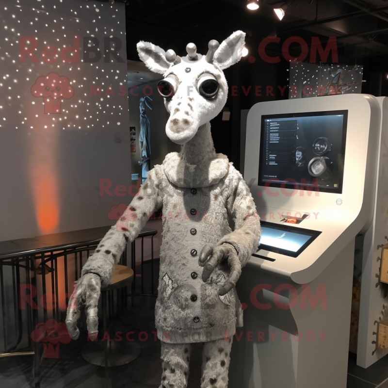 Silver Giraffe mascot costume character dressed with a Cardigan and Wraps Silver Giraffe mascot costume character dressed with a Cardigan and Wraps
