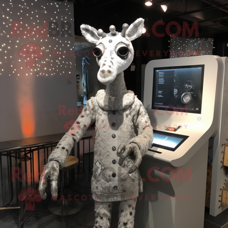 Silver Giraffe mascot costume character dressed with a Cardigan and Wraps