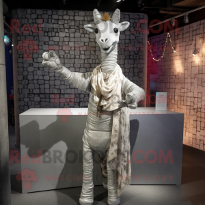 Silver Giraffe mascot costume character dressed with a Cardigan and Wraps