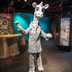 Silver Giraffe mascot costume character dressed with a Cardigan and Wraps