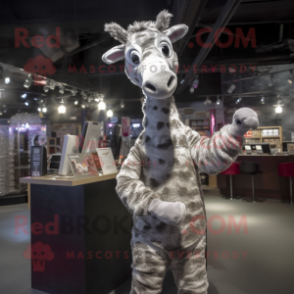 Silver Giraffe mascot costume character dressed with a Cardigan and Wraps