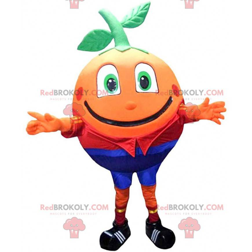 Mascote laranja gigante e sorridente, fantasia de frutas -
