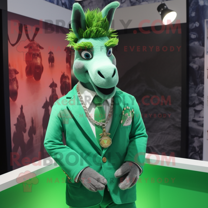 Green Donkey mascot costume character dressed with a Suit Jacket and Necklaces