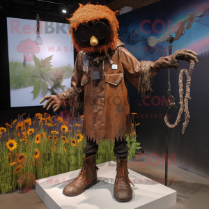 Rust Scarecrow mascot costume character dressed with a Raincoat and Necklaces