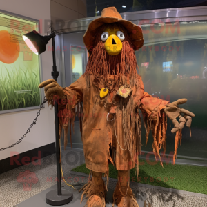 Rust Scarecrow mascot costume character dressed with a Raincoat and Necklaces