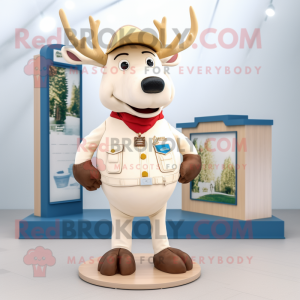 Cream Reindeer mascot costume character dressed with a Button-Up Shirt and Berets