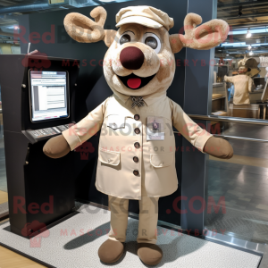 Cream Reindeer mascot costume character dressed with a Button-Up Shirt and Berets