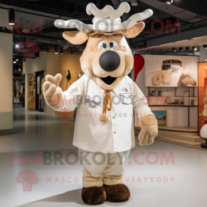 Cream Reindeer mascot costume character dressed with a Button-Up Shirt and Berets