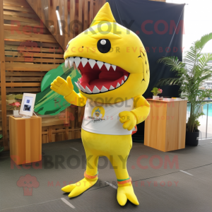 Lemon Yellow Shark mascot costume character dressed with a Board Shorts and Keychains