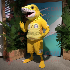 Lemon Yellow Shark mascot costume character dressed with a Board Shorts and Keychains