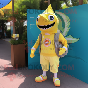 Lemon Yellow Shark mascot costume character dressed with a Board Shorts and Keychains