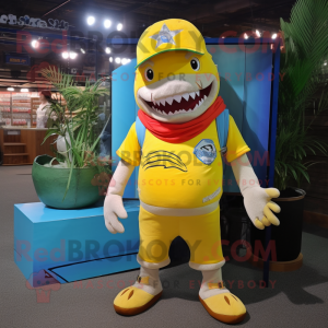 Lemon Yellow Shark mascot costume character dressed with a Board Shorts and Keychains