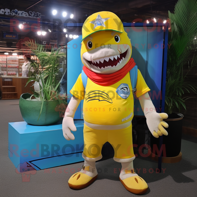 Lemon Yellow Shark mascot costume character dressed with a Board Shorts and Keychains
