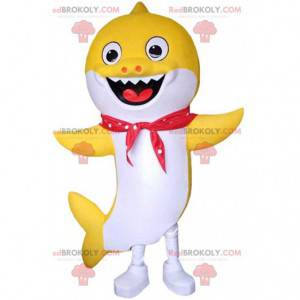 Mascote do tubarão amarelo e branco sorrindo, fantasia de mar -