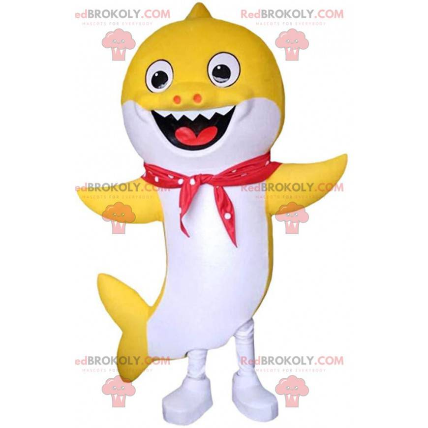 Mascote do tubarão amarelo e branco sorrindo, fantasia de mar -
